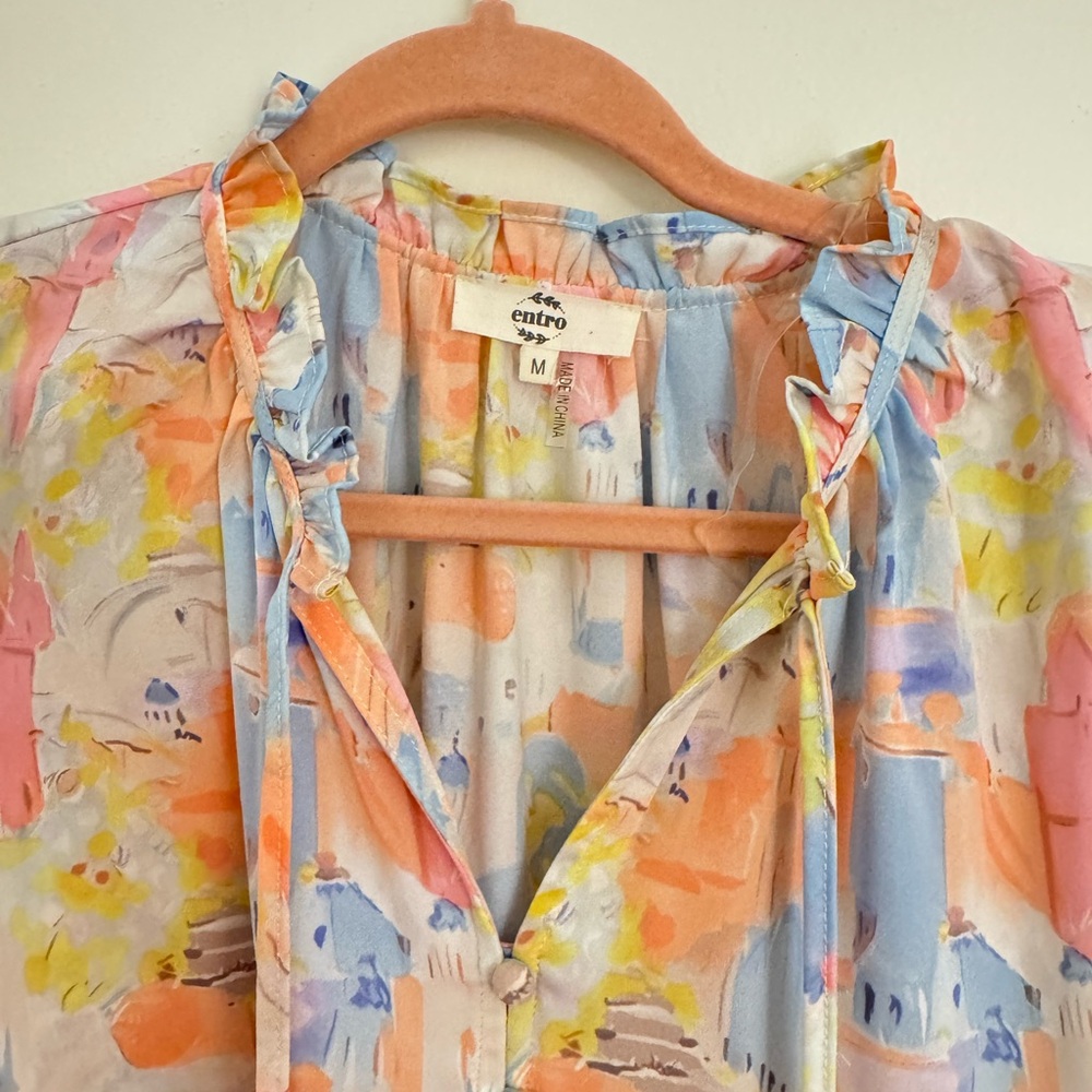 Entro NWOT Pastel Santorini Print Tiered Mini Dress Ruffle Sleeves Babydoll Med - Picture 7 of 8